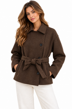 Slanted breasted buckle with waist belt woolen coat for women