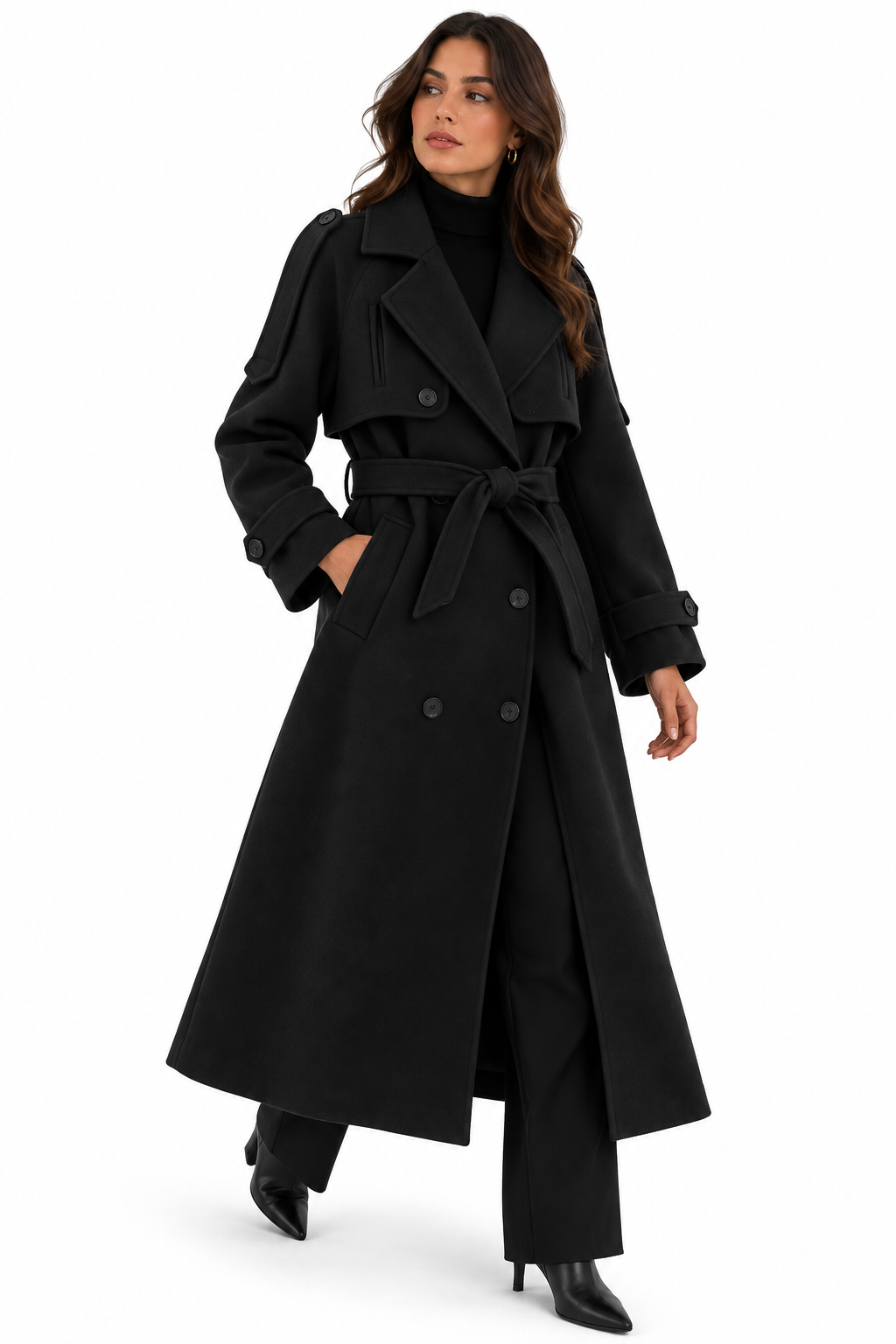 Women's long woolen coat with belt and jacket