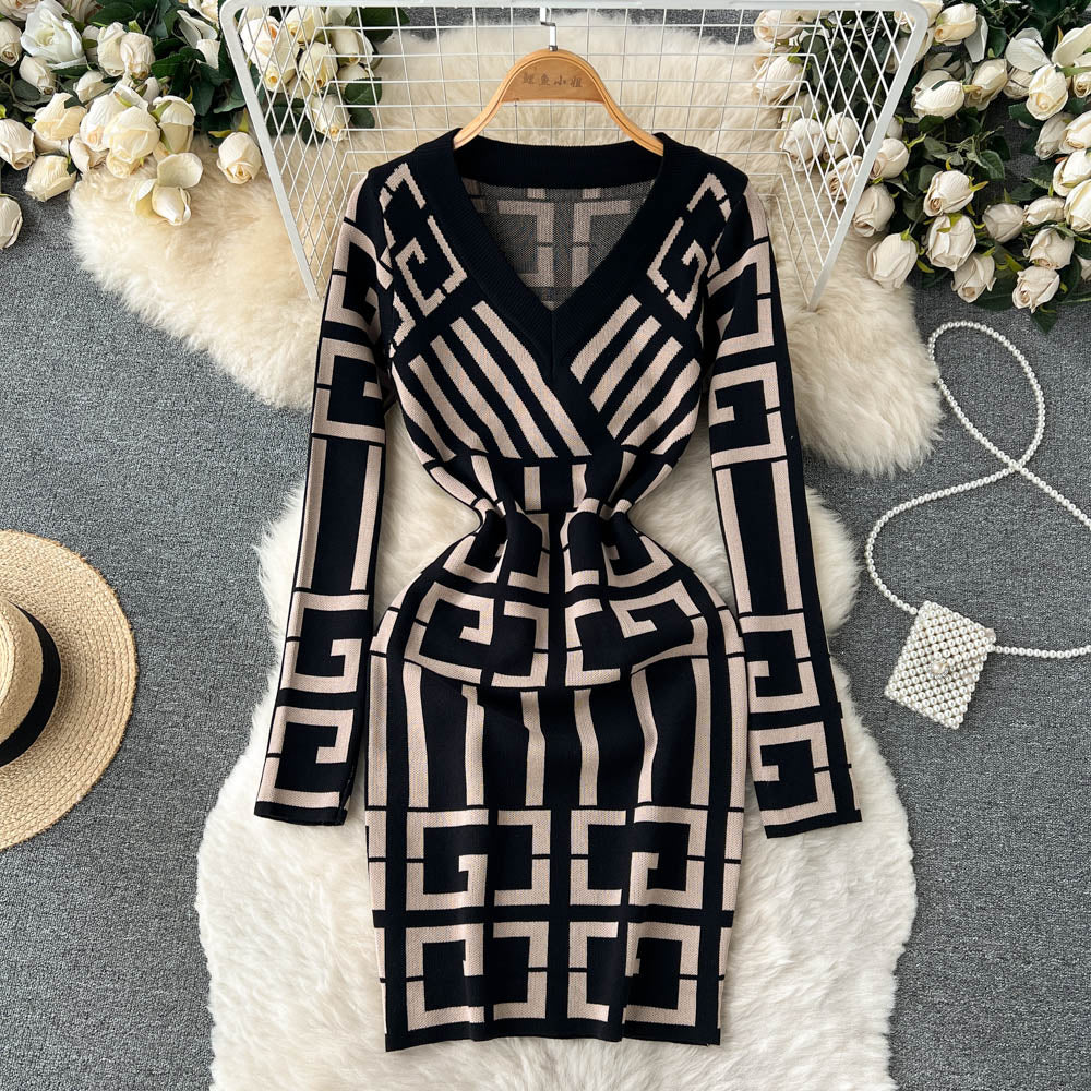 Vestido corto de punto estilo vintage para mujer, ajustado a la cadera y elegante para oficina