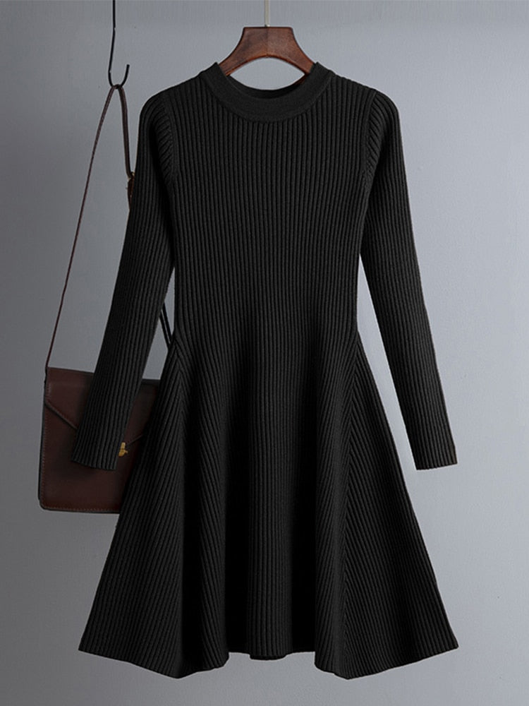 Vestido corto de punto grueso para mujer con corte en A, básico y elegante para otoño e invierno