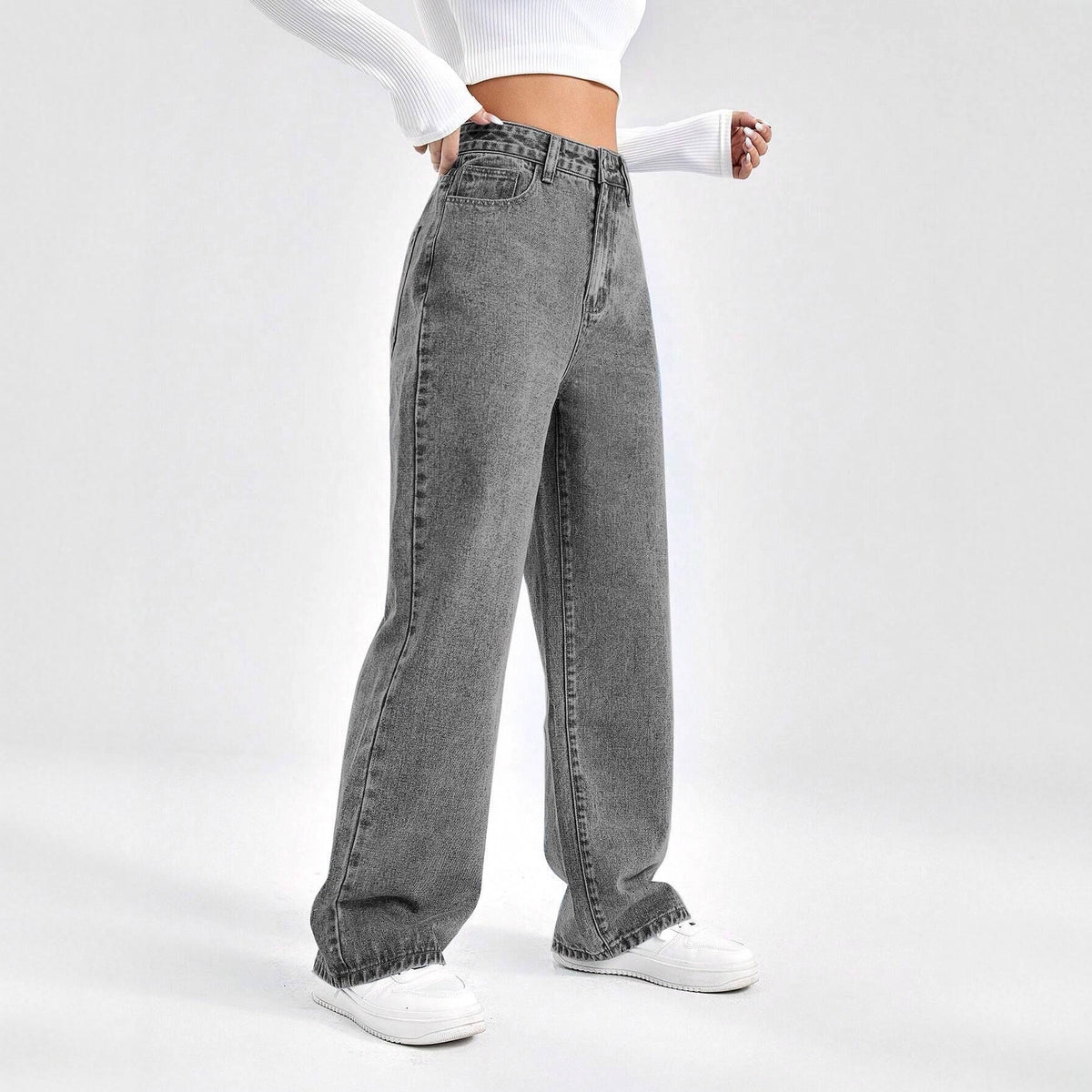 Denim pants women gray washed high waist loose wide leg jeans