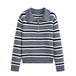 Slim zipper decoration POLO collar striped knit sweater for women
