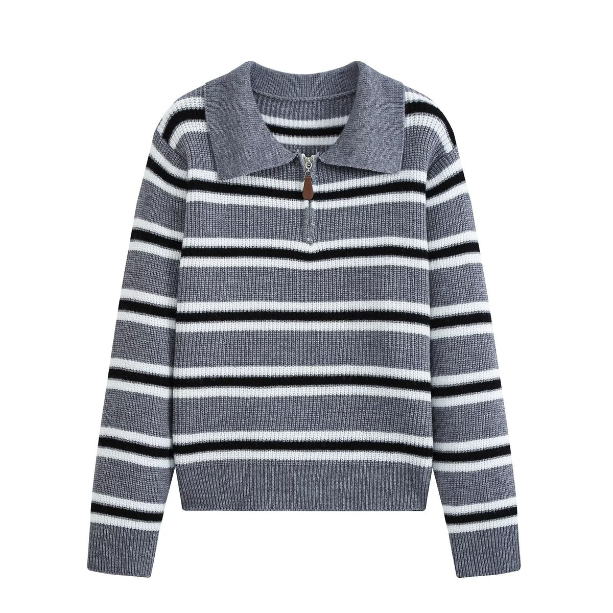 Slim zipper decoration POLO collar striped knit sweater for women