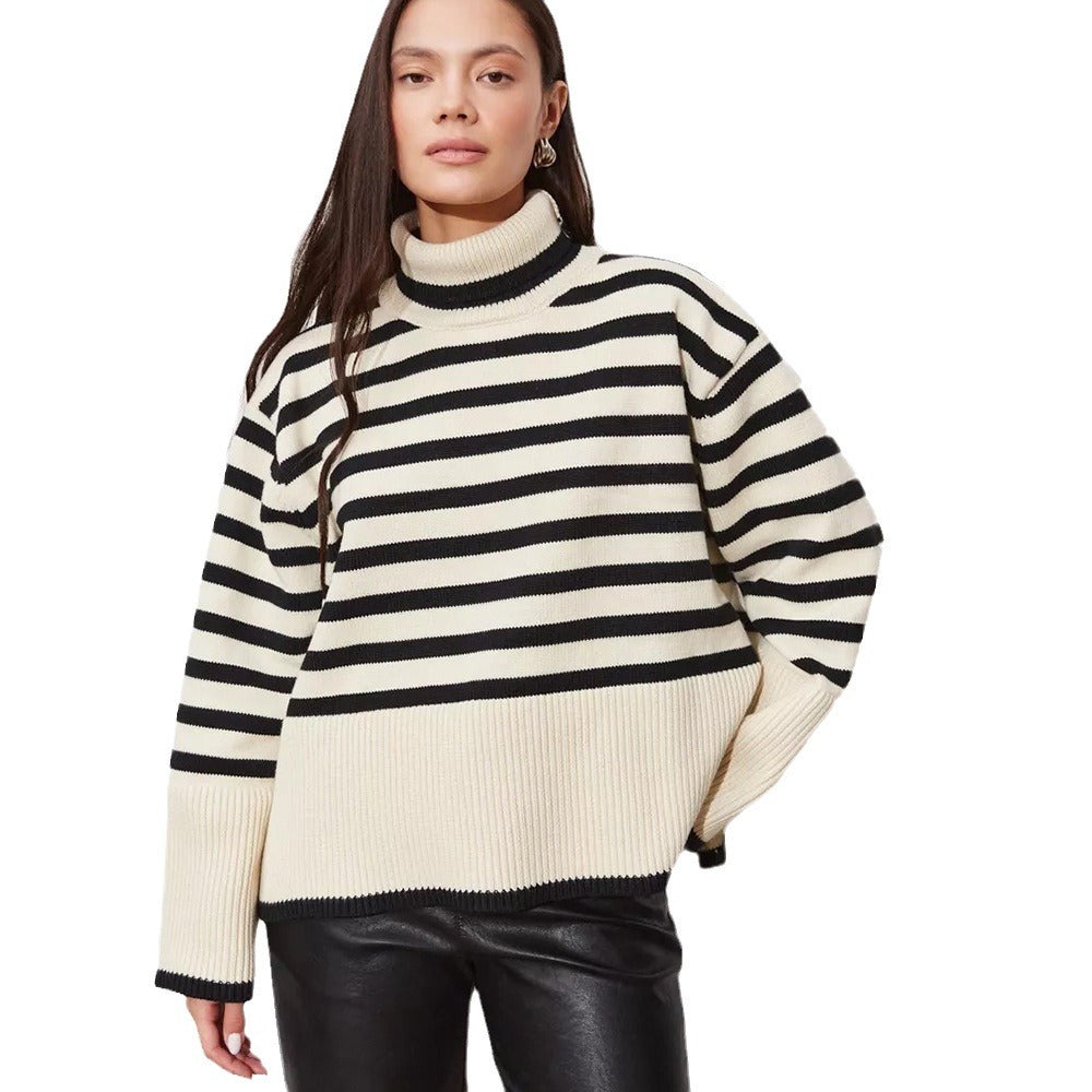 High Neck Stripe Knitwear Women's Top