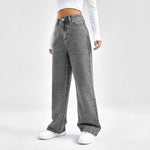 Denim pants women gray washed high waist loose wide leg jeans