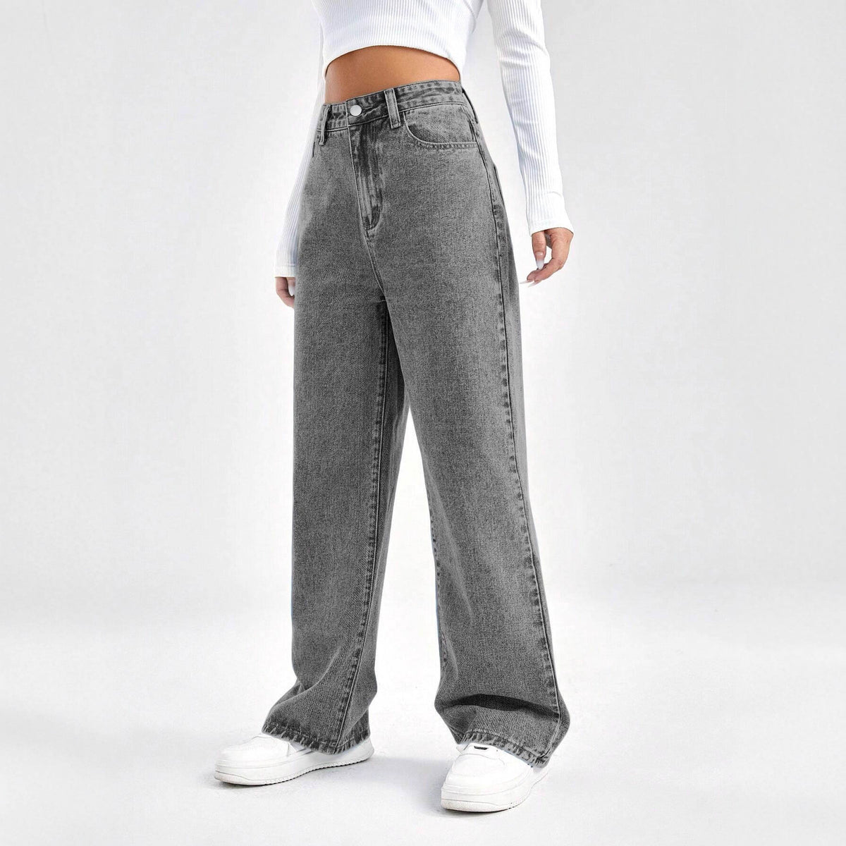 Denim pants women gray washed high waist loose wide leg jeans