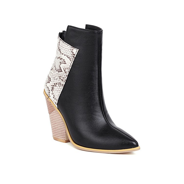 Botines para mujer con punta fina, colores en contraste, tacón alto ancho y cremallera trasera