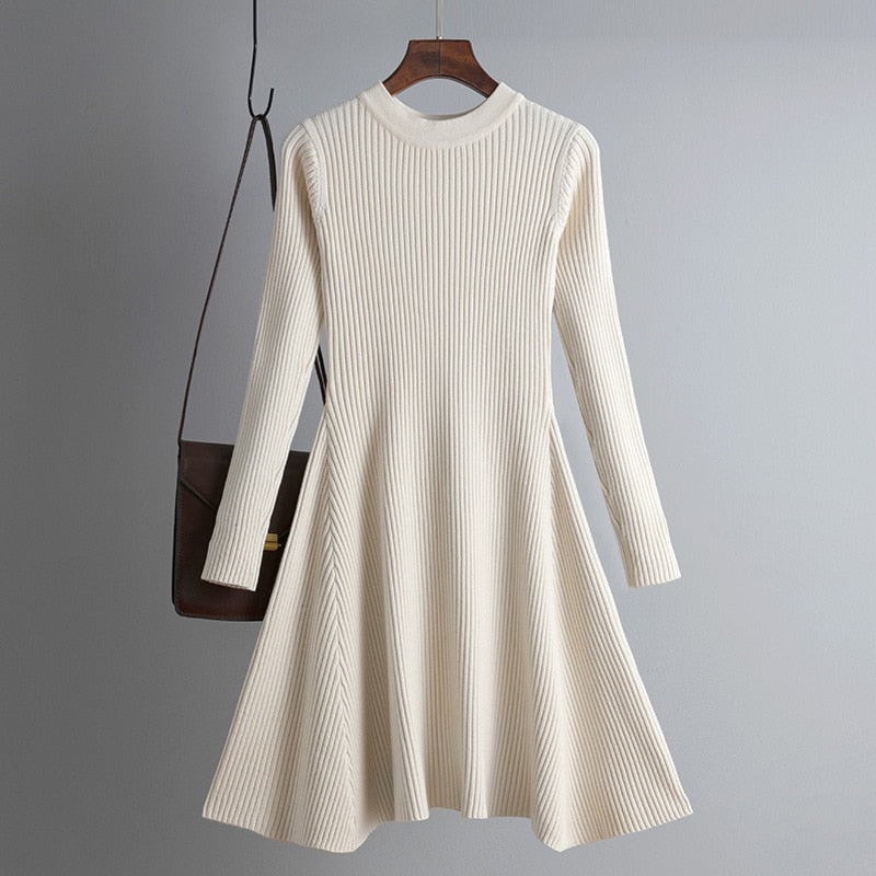 Vestido corto de punto grueso para mujer con corte en A, básico y elegante para otoño e invierno