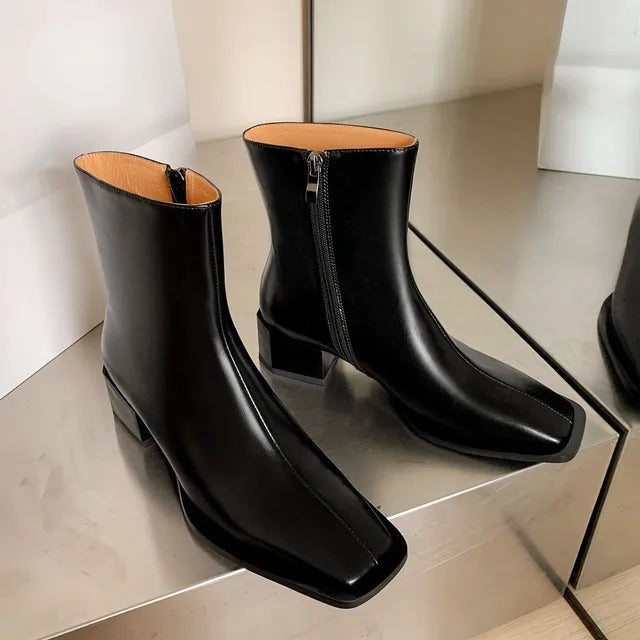 Botines de piel auténtica para mujer con colores en contraste y cremallera lateral, para otoño e invierno