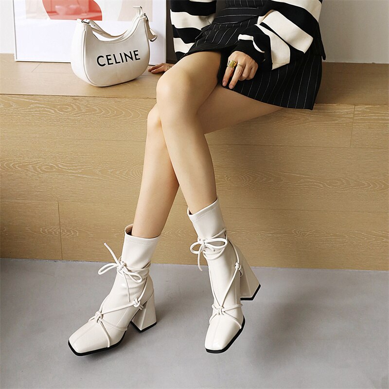 Botines negros de tacón alto para mujer, estilo gladiador punk, para otoño e invierno