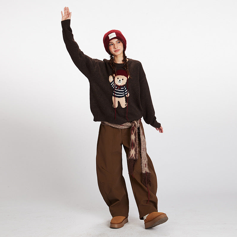 HeyHenry Bear Couple Sweaters Round Neck Loose Knit Pullover Casual Inner