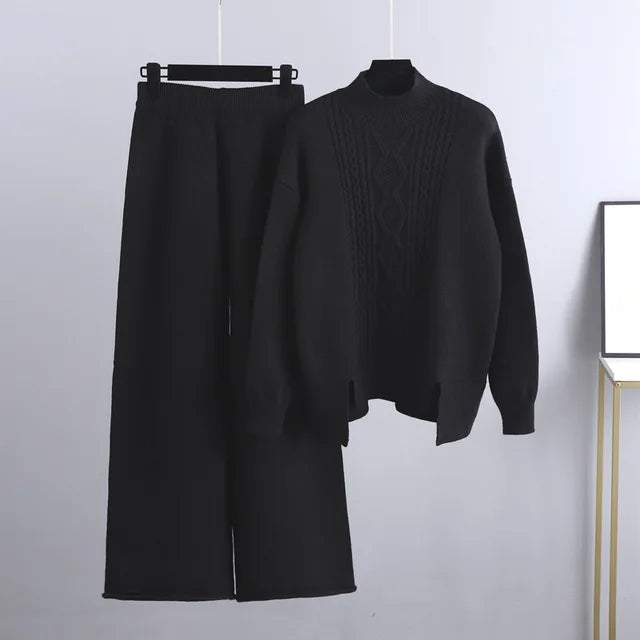 Conjunto de dos piezas para mujer con jersey y pantalón de pierna ancha, grueso y abrigado.