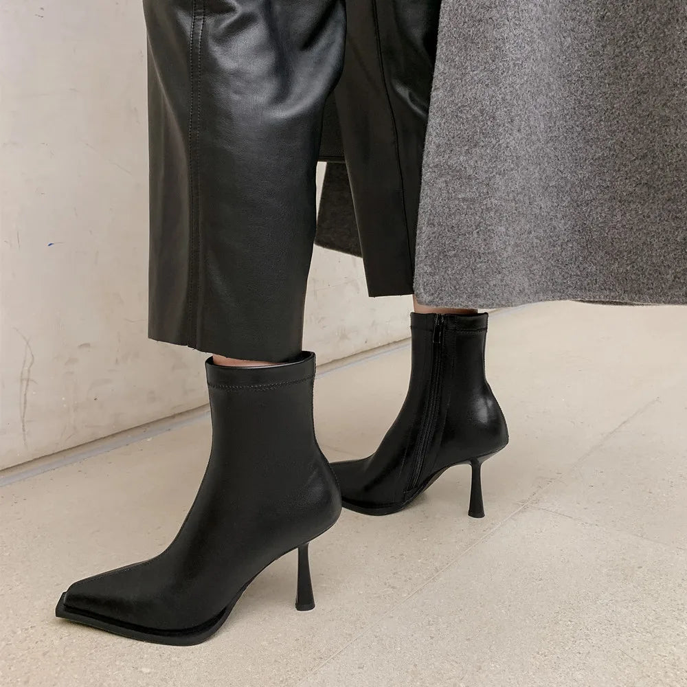 Botines elegantes de piel auténtica para mujer con tacón de aguja, para otoño e invierno