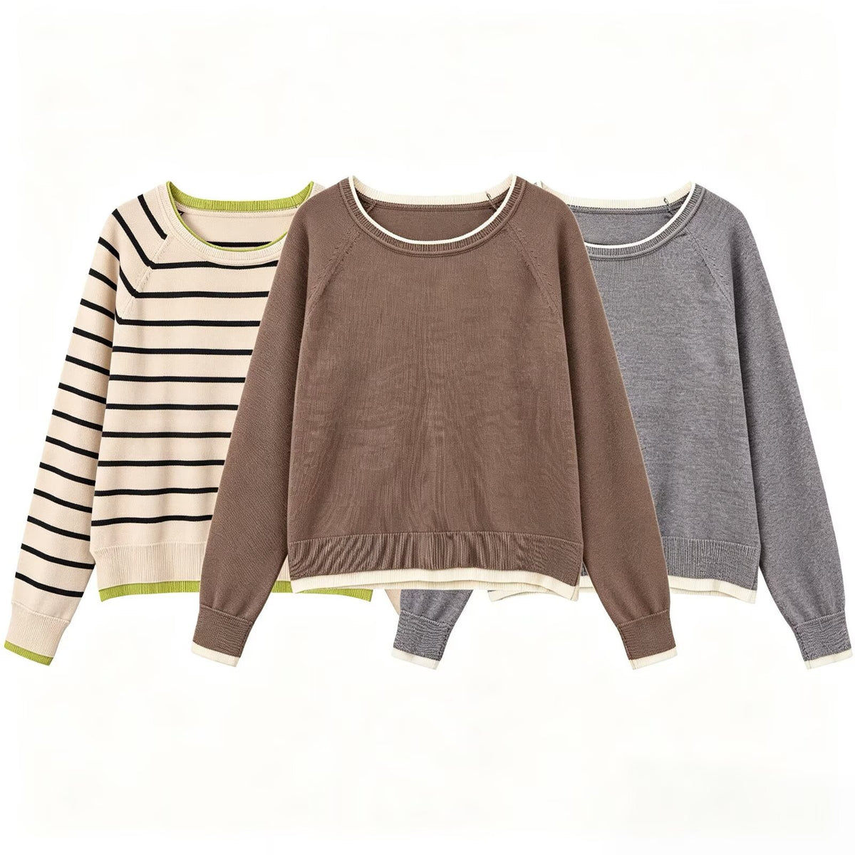 Double layered round neck long sleeved solid color pullover knitted sweater for women