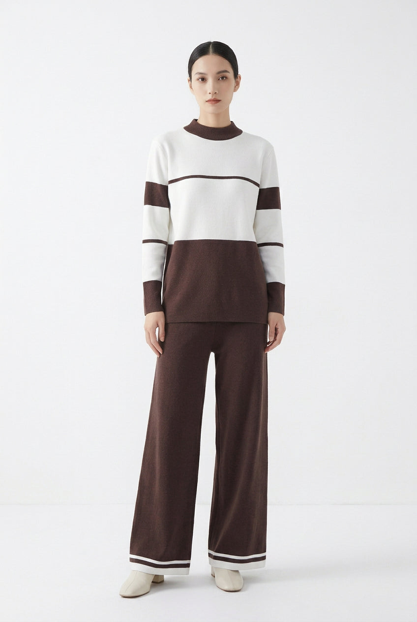 Conjunto de dos piezas con top de cuello redondo en bloques de color y pantalón de pernera ancha