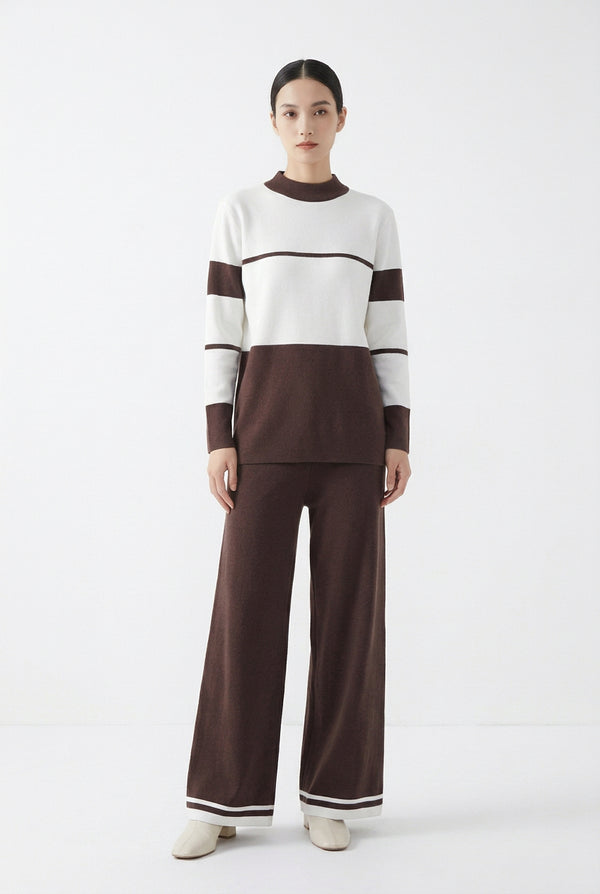 Conjunto de dos piezas con top de cuello redondo en bloques de color y pantalón de pernera ancha