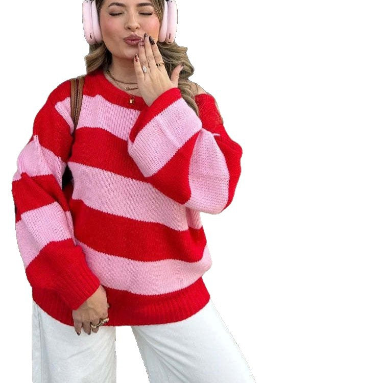 Striped round neck loose pullover sweater