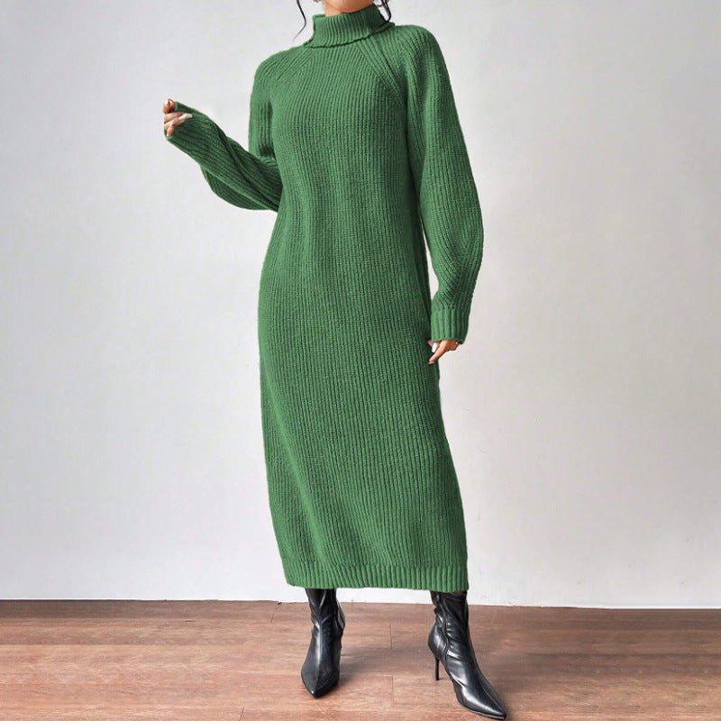 Vestido largo de punto liso para mujer con manga larga y cuello alto