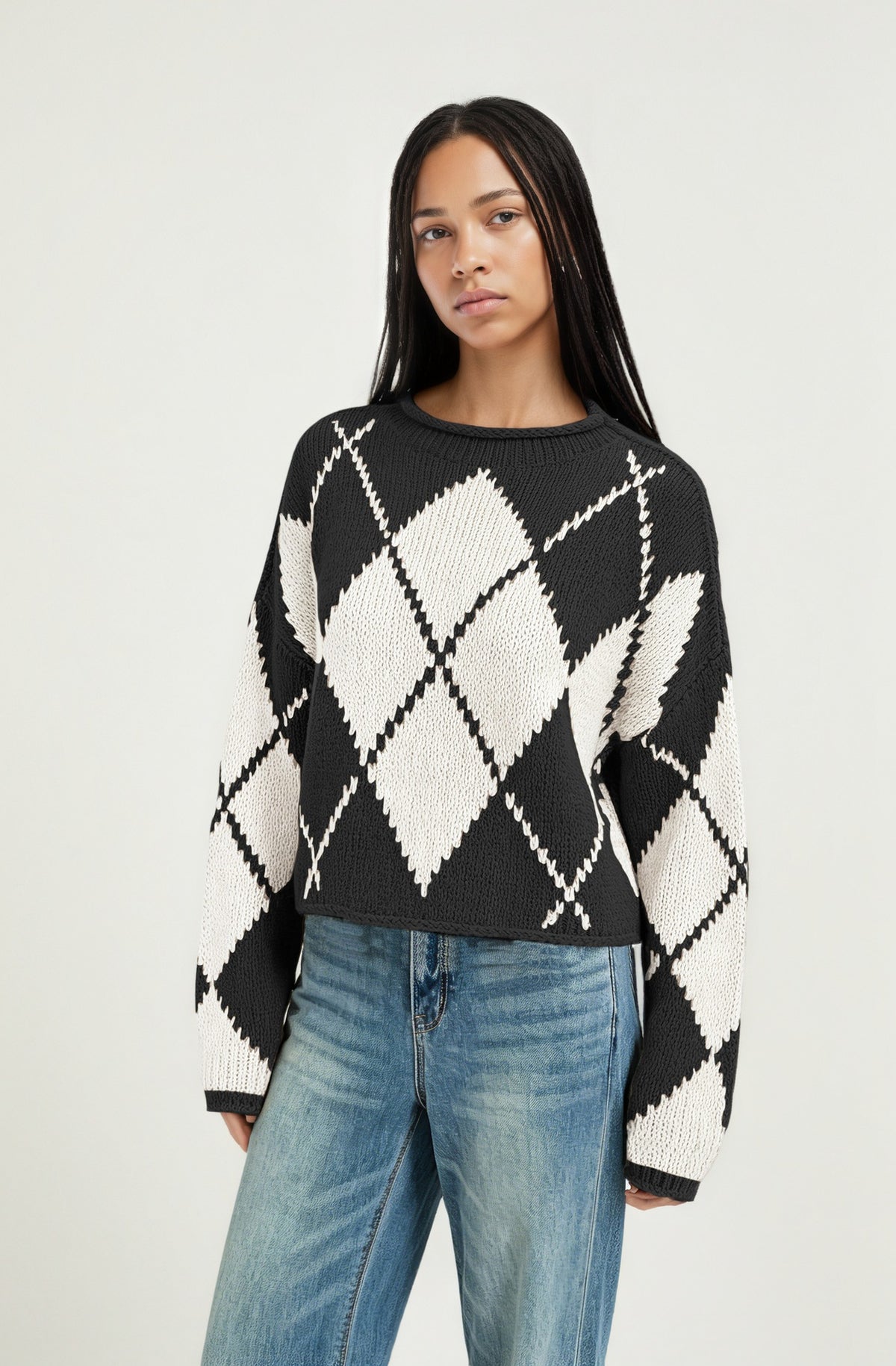 Jersey holgado de rombos para mujer con cuello redondo y manga larga