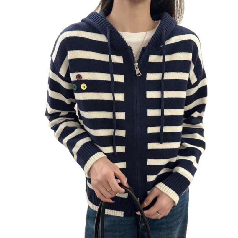Chic Women's Striped Knit Cardigan Sweater with Unique Design