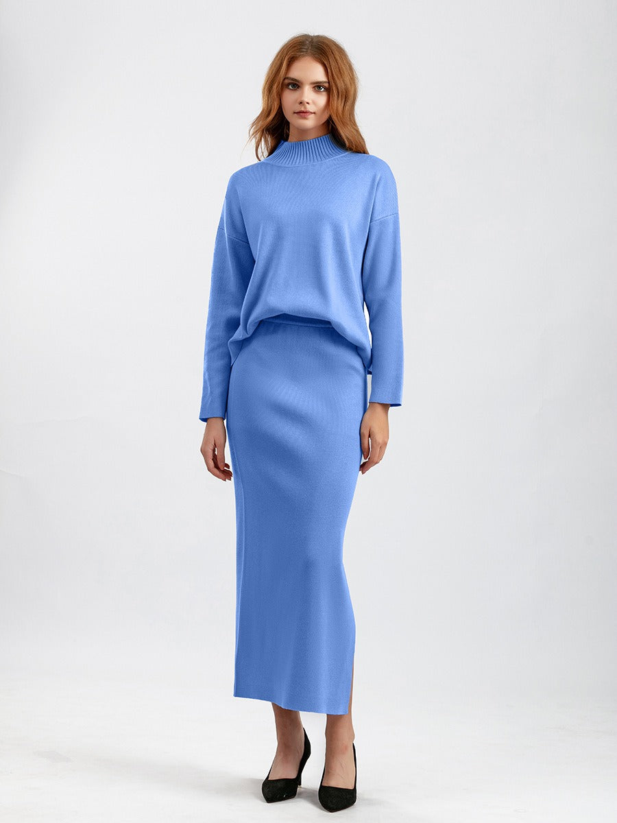 Conjunto de punto de dos piezas para mujer con jersey de cuello alto y falda larga recta, abrigado para invierno.
