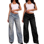 Women's nail bead washed jeans, women's high waisted straight leg pants, spicy girl pants