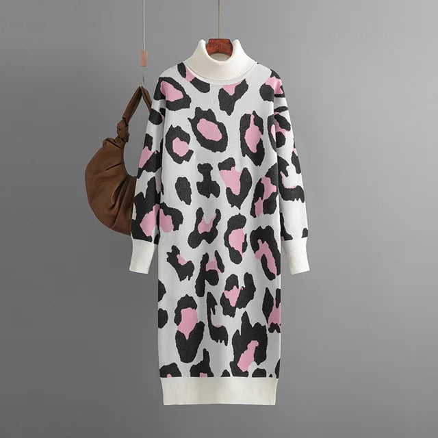 Vestido largo de punto para mujer con cuello vuelto y estampado de leopardo, holgado para otoño e invierno