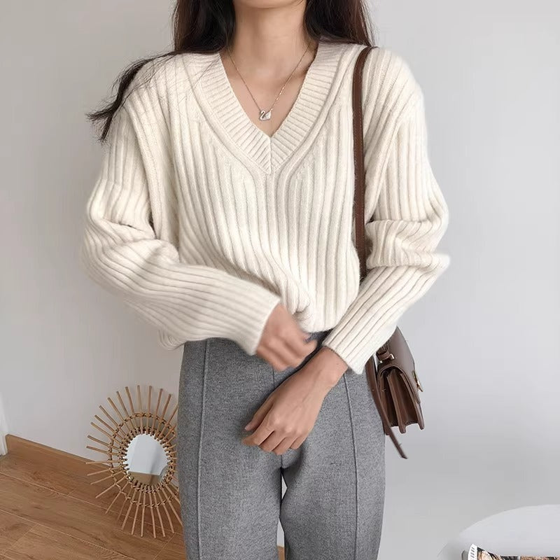Retro V-Neck Pullover Sweater for Women,New Loose Soft Knitwear Top