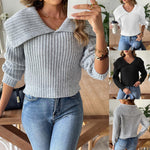 Ladies' Short Knit Sweater with Turn-Down Collar, Crochet Knit Top,Women's Pullover Sweater