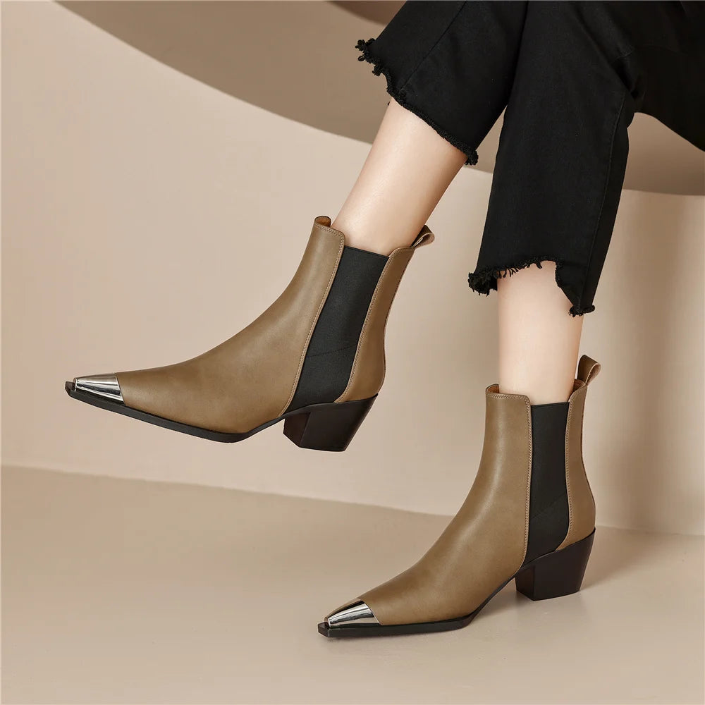 Botines Chelsea de piel auténtica para mujer con tacón ancho y adorno metálico, para otoño e invierno