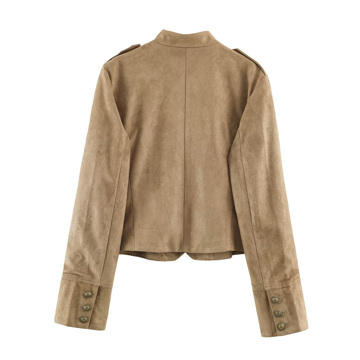 Knot button embellished suede textured stand up collar jacket for women