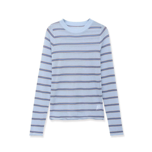 Casual long sleeved round neck striped contrasting knit sweater