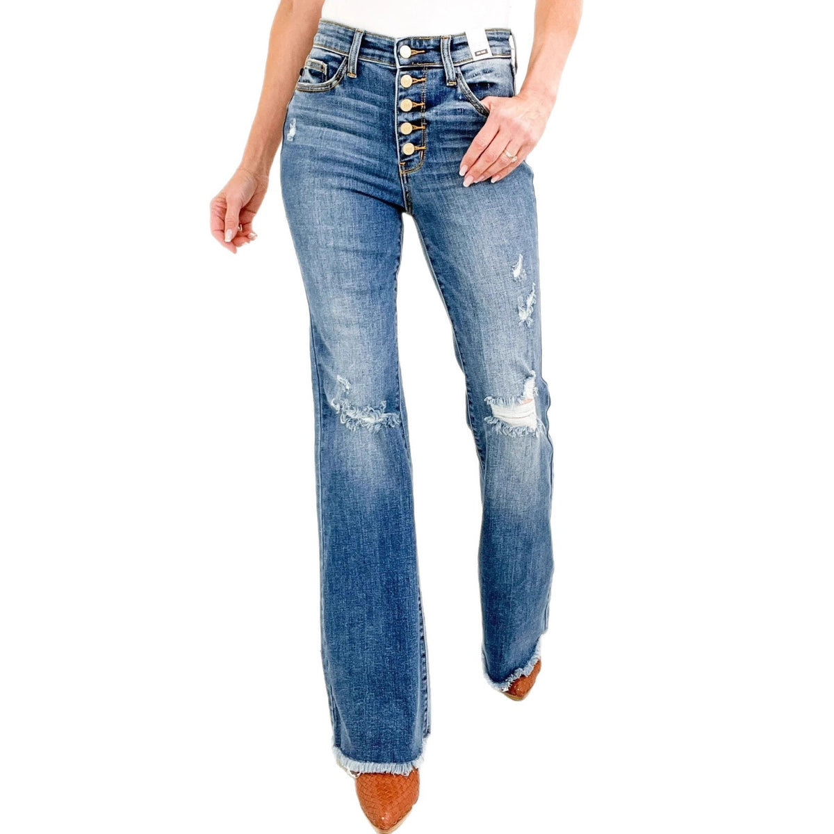 Style high-waisted buttoned ripped jeans women vintage streetwear commuting versatile solid color slim fit flared pants trendy