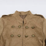Knot button embellished suede textured stand up collar jacket for women