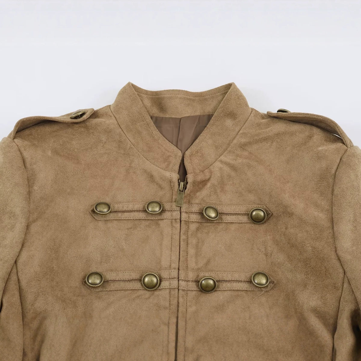 Knot button embellished suede textured stand up collar jacket for women