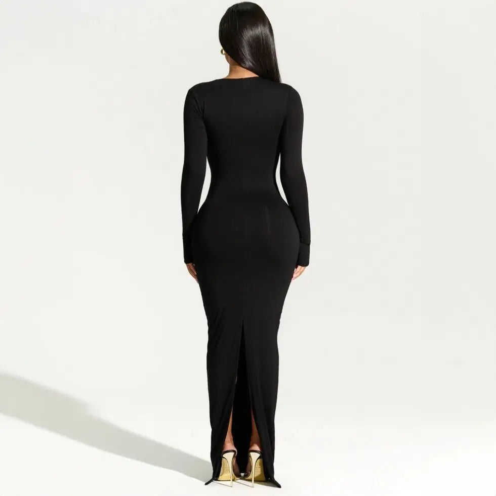 Vestido largo negro de fiesta para mujer, asimétrico, de manga larga y con abertura