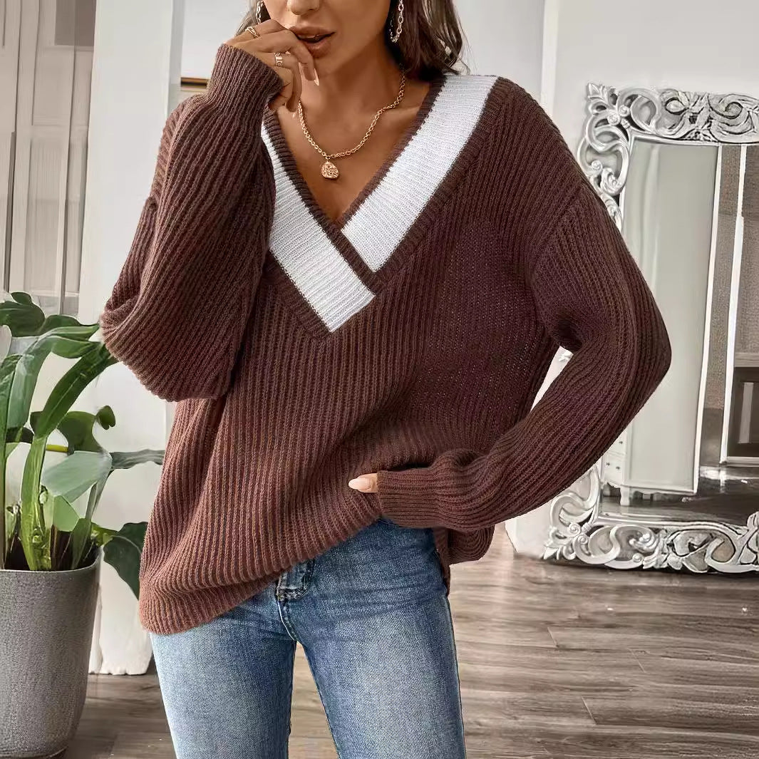 V-neck Loose Knit Sweater for Women, Oversized Pullover Sweater