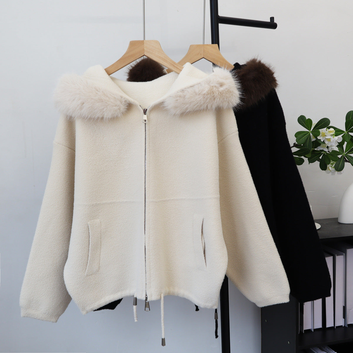 Double zipper hooded jacket for women