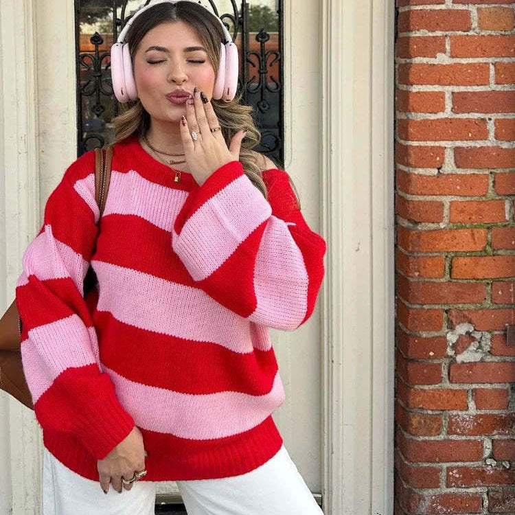 Striped round neck loose pullover sweater