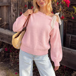 Shoulder tied bow long sleeved women's sweater