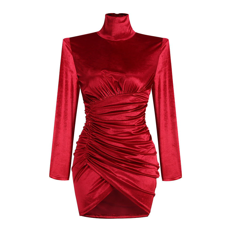 Vestido elegante de fiesta de franela, ajustado y plisado, con cuello alto y manga larga