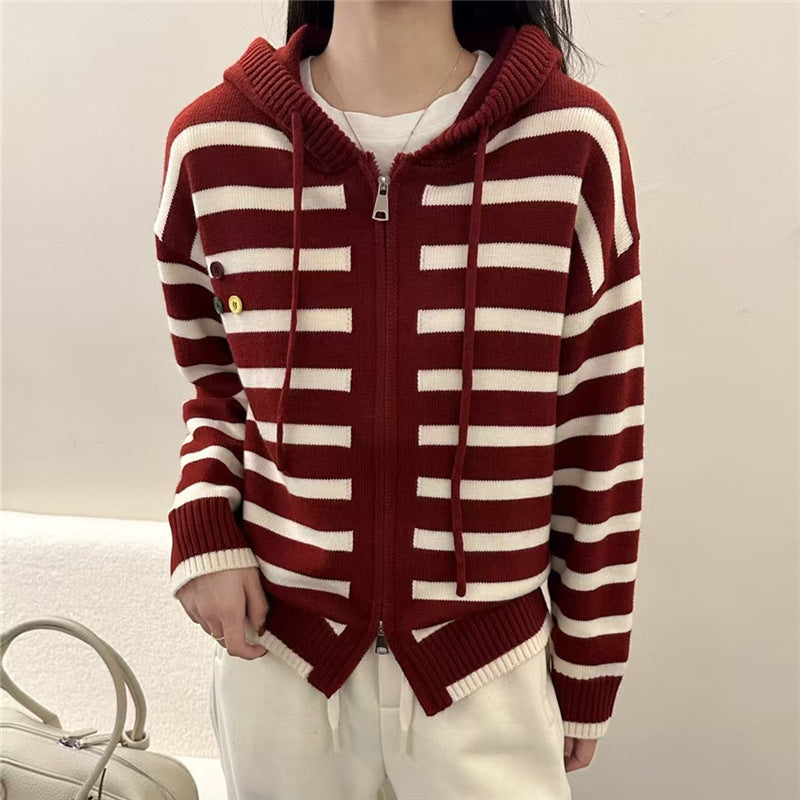 Chic Women's Striped Knit Cardigan Sweater with Unique Design
