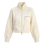 Western Style Knitted Zip Front Stand Collar Cropped Cardigan for Women