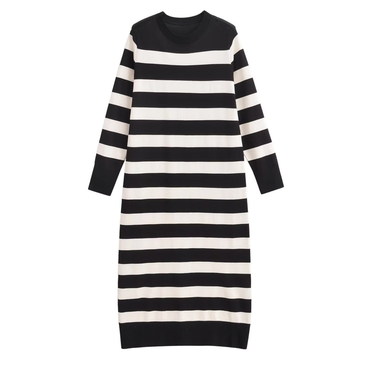Vestido midi de punto a rayas para mujer, holgado y con cuello redondo, para otoño e invierno