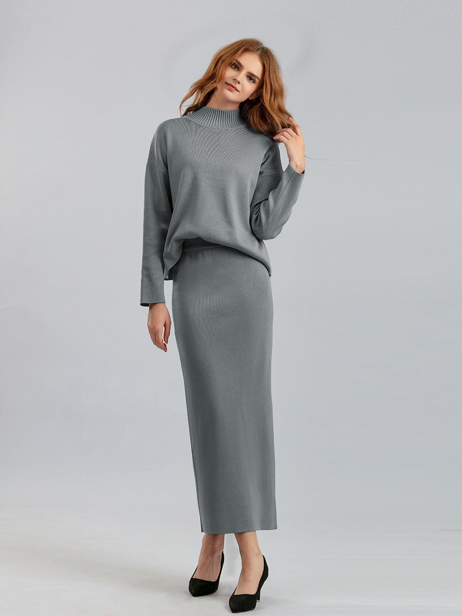 Conjunto de punto de dos piezas para mujer con jersey de cuello alto y falda larga recta, abrigado para invierno.