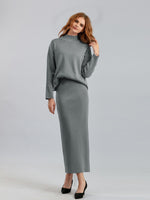 Conjunto de punto de dos piezas para mujer con jersey de cuello alto y falda larga recta, abrigado para invierno.