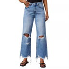 Flared Leg Fringe Washed Tie-Dye Ripped High Waist Jeans Straight Leg Casual Long Pants Women