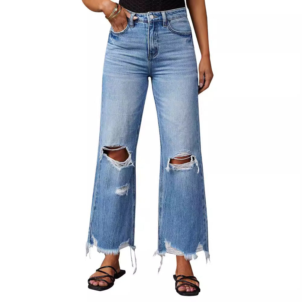 Flared Leg Fringe Washed Tie-Dye Ripped High Waist Jeans Straight Leg Casual Long Pants Women