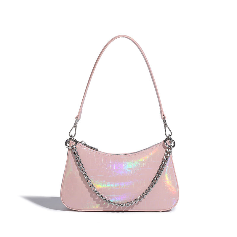 Bolso pequeño de hombro para mujer de piel sintética suave, con cadena y efecto degradado