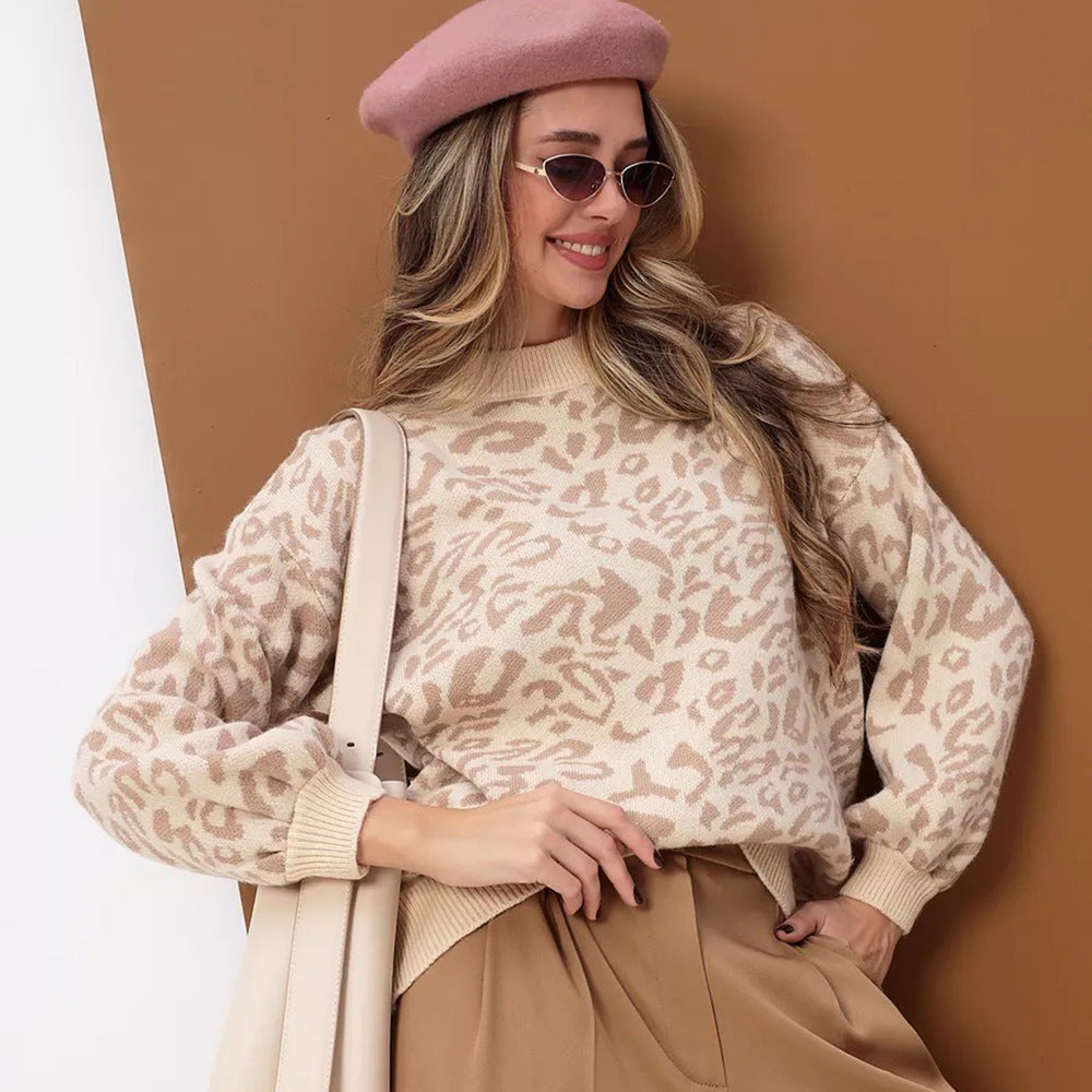 Leopard Print Sweater Women Loose Lantern Sleeve Round Neck Knit Top